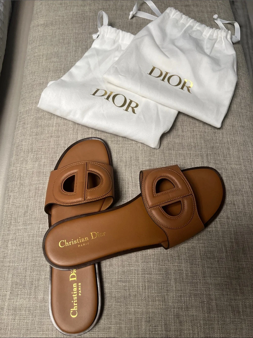 Dior Brown Leather Slide Sandals with Cutout CD Logo
